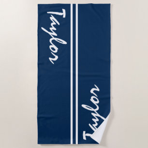 Navy Blue en White Striped Custom Name Strandlaken