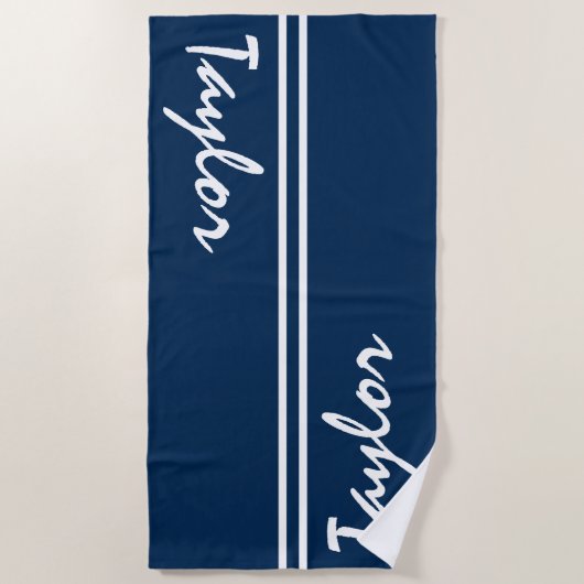 Navy Blue en White Striped Custom Name Strandlaken (Voorkant)