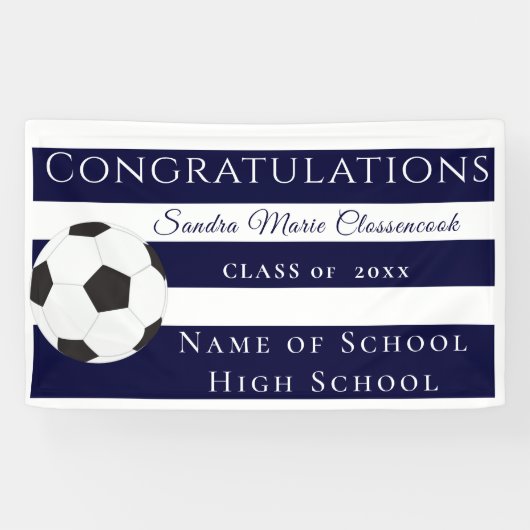 Navy Blue en White Striped Soccer afstuderen banne Spandoek (Horizontaal)