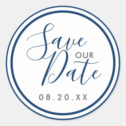 Navy Blue en White Stripes Nautical Save our Date Ronde Sticker (Voorkant)