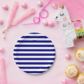 Navy Blue en White Stripes Papieren Bordje (Feest)