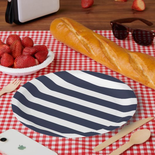 Navy Blue en White Stripes Papieren Bordje (Picknick)