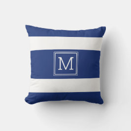 Navy Blue en White Stripes Simple Monogram op maat Buitenkussen