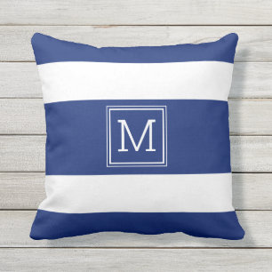 Navy Blue en White Stripes Simple Monogram op maat Buitenkussen