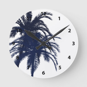 Navy Blue en White Tropical Palm Tree Ronde Klok