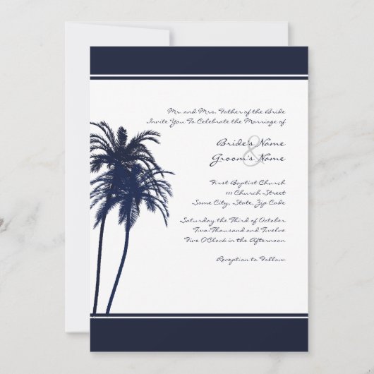 Navy Blue en White Tropical Palms Invitation Kaart (Voorkant)