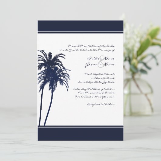 Navy Blue en White Tropical Palms Invitation Kaart (Staand voorkant)