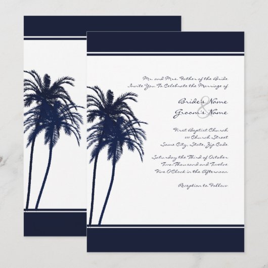 Navy Blue en White Tropical Palms Invitation Kaart (Voorkant / Achterkant)