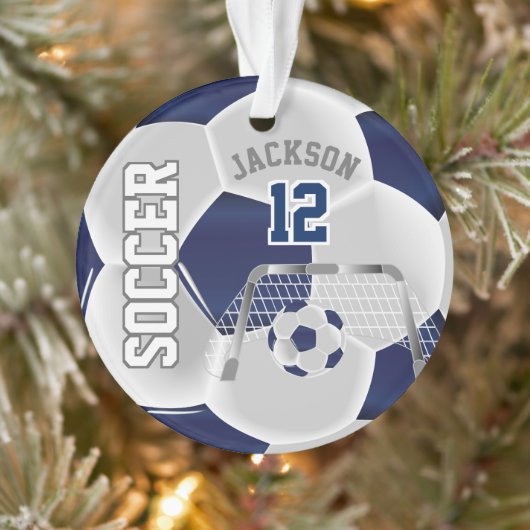 Navy Blue en White ⚽ Voetbal personaliseren Ornament (Boom)