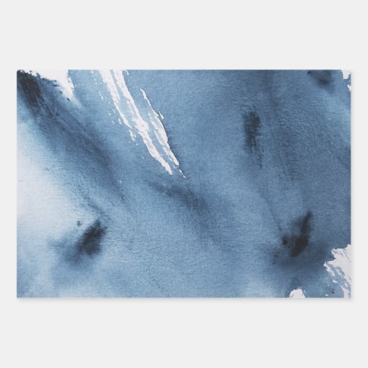 Navy Blue en White Waterverf Painterly Abstract Inpakpapier Vel (Voorkant 3)