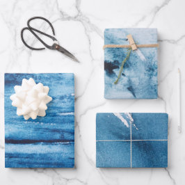 Navy Blue en White Waterverf Painterly Abstract Inpakpapier Vel