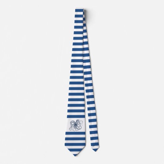 Navy-Blue en witte strepen met nautische octopus Stropdas (Voorkant)