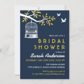 Navy Blue en Yellow Bird Cage on Tree Invitation Kaart (Voorkant)