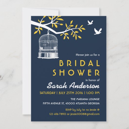 Navy Blue en Yellow Bird Cage on Tree Invitation Kaart (Voorkant)