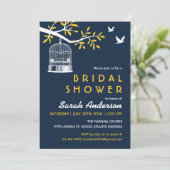 Navy Blue en Yellow Bird Cage on Tree Invitation Kaart (Staand voorkant)
