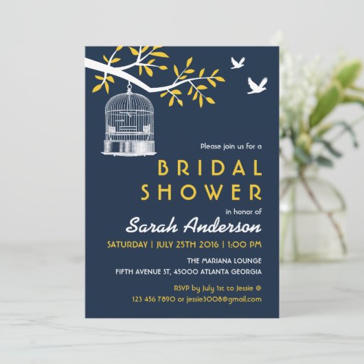 Navy Blue en Yellow Bird Cage on Tree Invitation Kaart (Staand voorkant)