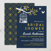 Navy Blue en Yellow Bird Cage on Tree Invitation Kaart (Voorkant / Achterkant)