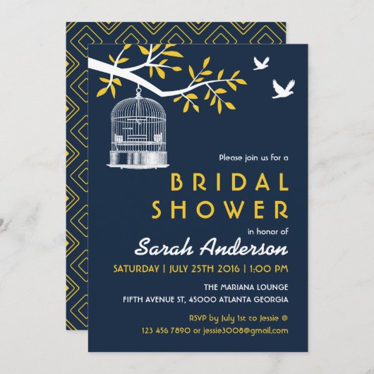 Navy Blue en Yellow Bird Cage on Tree Invitation Kaart (Voorkant / Achterkant)