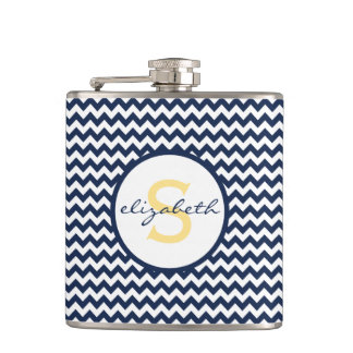Navy Blue en Yellow Chevron Monogram Heupfles