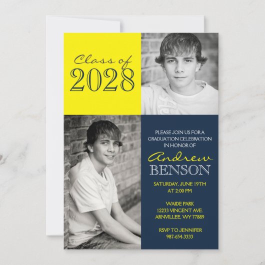 Navy Blue en Yellow Classic 2 Foto Afstuderen Kaart (Voorkant)
