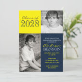 Navy Blue en Yellow Classic 2 Foto Afstuderen Kaart (Staand voorkant)