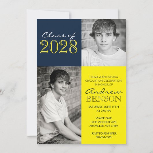 Navy Blue en Yellow Classic 2 Foto Afstuderen Kaart (Voorkant)