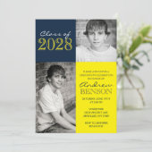 Navy Blue en Yellow Classic 2 Foto Afstuderen Kaart (Staand voorkant)