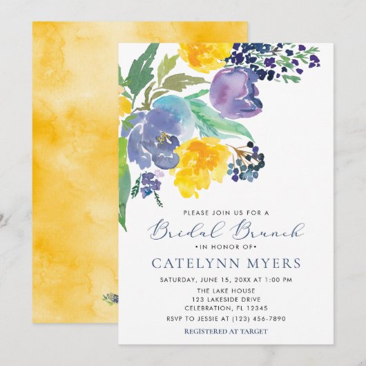 Navy Blue en Yellow Floral Modern Bridal Brunch Kaart (Voorkant / Achterkant)