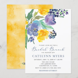 Navy Blue en Yellow Floral Modern Bridal Brunch Kaart