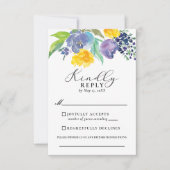 Navy Blue en Yellow Floral Vertical Wedding RSVP Kaartje (Voorkant)
