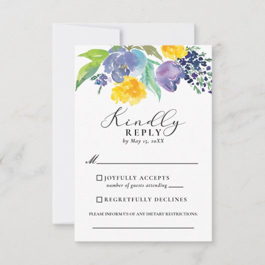 Navy Blue en Yellow Floral Vertical Wedding RSVP Kaartje (Voorkant)