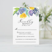 Navy Blue en Yellow Floral Vertical Wedding RSVP Kaartje (Staand voorkant)