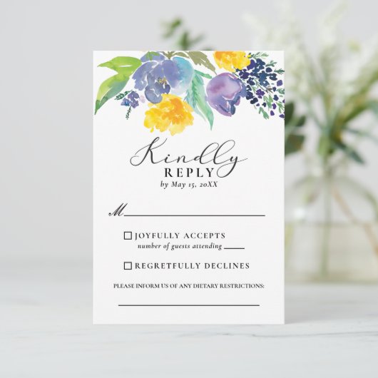 Navy Blue en Yellow Floral Vertical Wedding RSVP Kaartje (Staand voorkant)