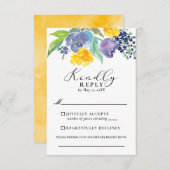 Navy Blue en Yellow Floral Vertical Wedding RSVP Kaartje (Voorkant / Achterkant)