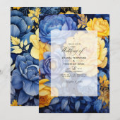Navy Blue en Yellow Floral Wedding Kaart (Voorkant / Achterkant)