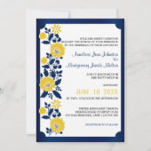 Navy Blue en Yellow Floral Wedding Kaart (Voorkant)