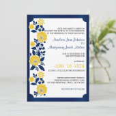 Navy Blue en Yellow Floral Wedding Kaart (Staand voorkant)