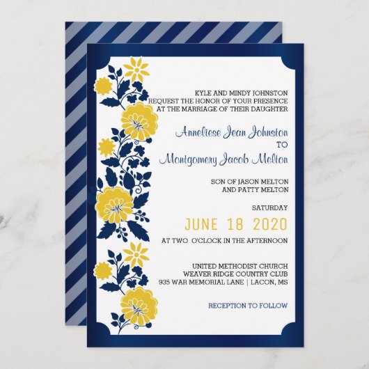 Navy Blue en Yellow Floral Wedding Kaart (Voorkant / Achterkant)