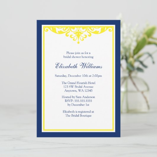 Navy Blue en Yellow Flourish Vrijgezellenfeest Kaart (Staand voorkant)