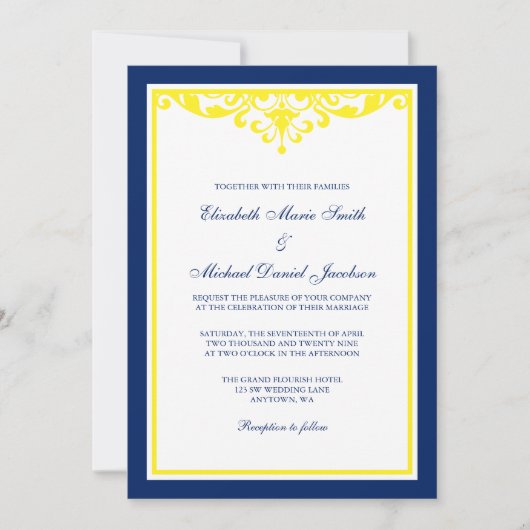 Navy Blue en Yellow Flourish Wedding Invitation Kaart (Voorkant)