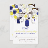 Navy Blue en Yellow Mason Jars RSVP-uitnodiging RSVP Kaartje (Voorkant / Achterkant)