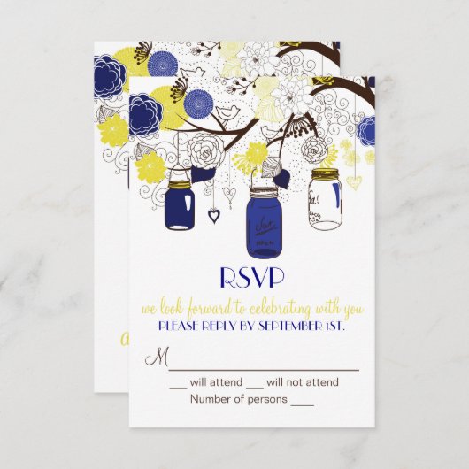 Navy Blue en Yellow Mason Jars RSVP-uitnodiging RSVP Kaartje (Voorkant / Achterkant)