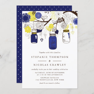 Navy Blue en Yellow Mason Jars Wedding Invitation Kaart