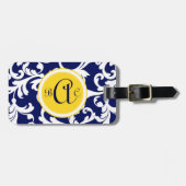 Navy Blue en Yellow Monogrammed Damask Print Bagagelabel (Voorkant horizontaal)