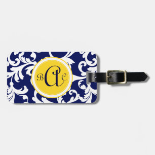 Navy Blue en Yellow Monogrammed Damask Print Bagagelabel