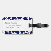Navy Blue en Yellow Monogrammed Damask Print Bagagelabel (Achterkant horizontaal)
