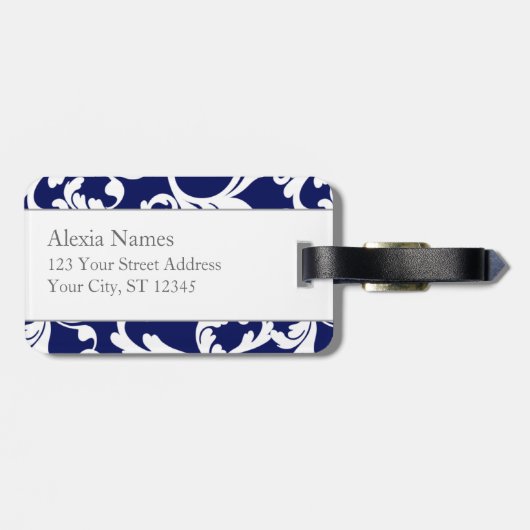 Navy Blue en Yellow Monogrammed Damask Print Bagagelabel (Achterkant horizontaal)