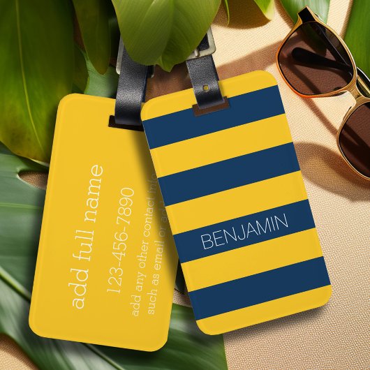 Navy Blue en Yellow Rugby Stripes - Aangepaste naa Bagagelabel