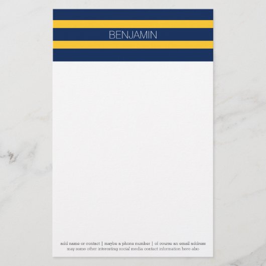 Navy Blue en Yellow Rugby Stripes - Aangepaste naa Briefpapier (Voorkant)