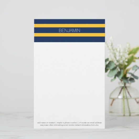 Navy Blue en Yellow Rugby Stripes - Aangepaste naa Briefpapier (Staand voorkant)